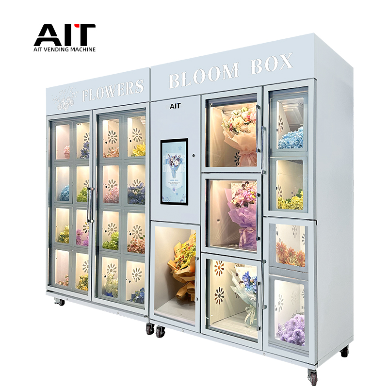 21.5-inch high-end touch screen flower vending machine, one main cabinet and one auxiliary cabinet, 24-compartment rose vending machine